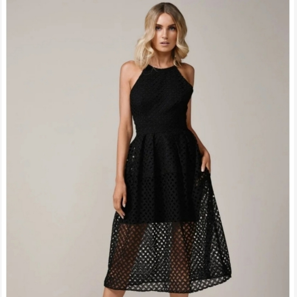 Nicholas Black Grid Lace Midi Dress size  6